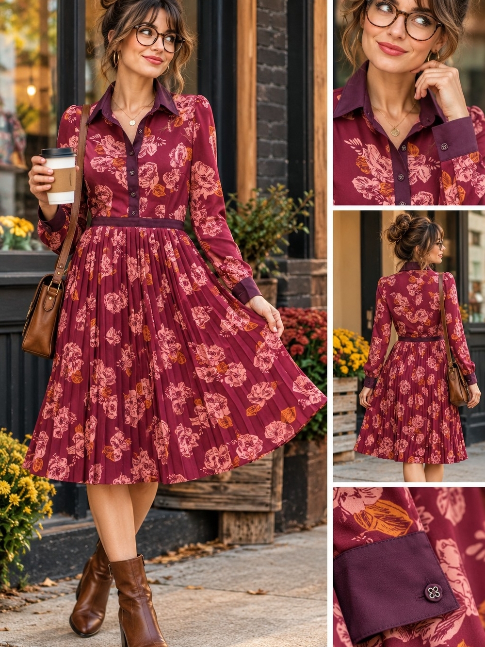 ModCloth Just My Typist Floral Pleated Shirt Dress Burgundy 00